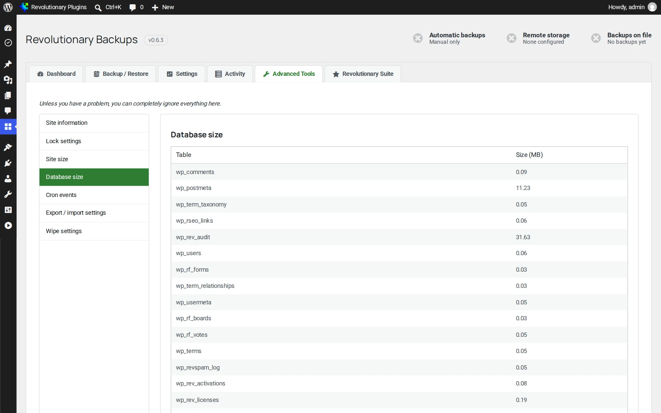 Advanced Tools: database size