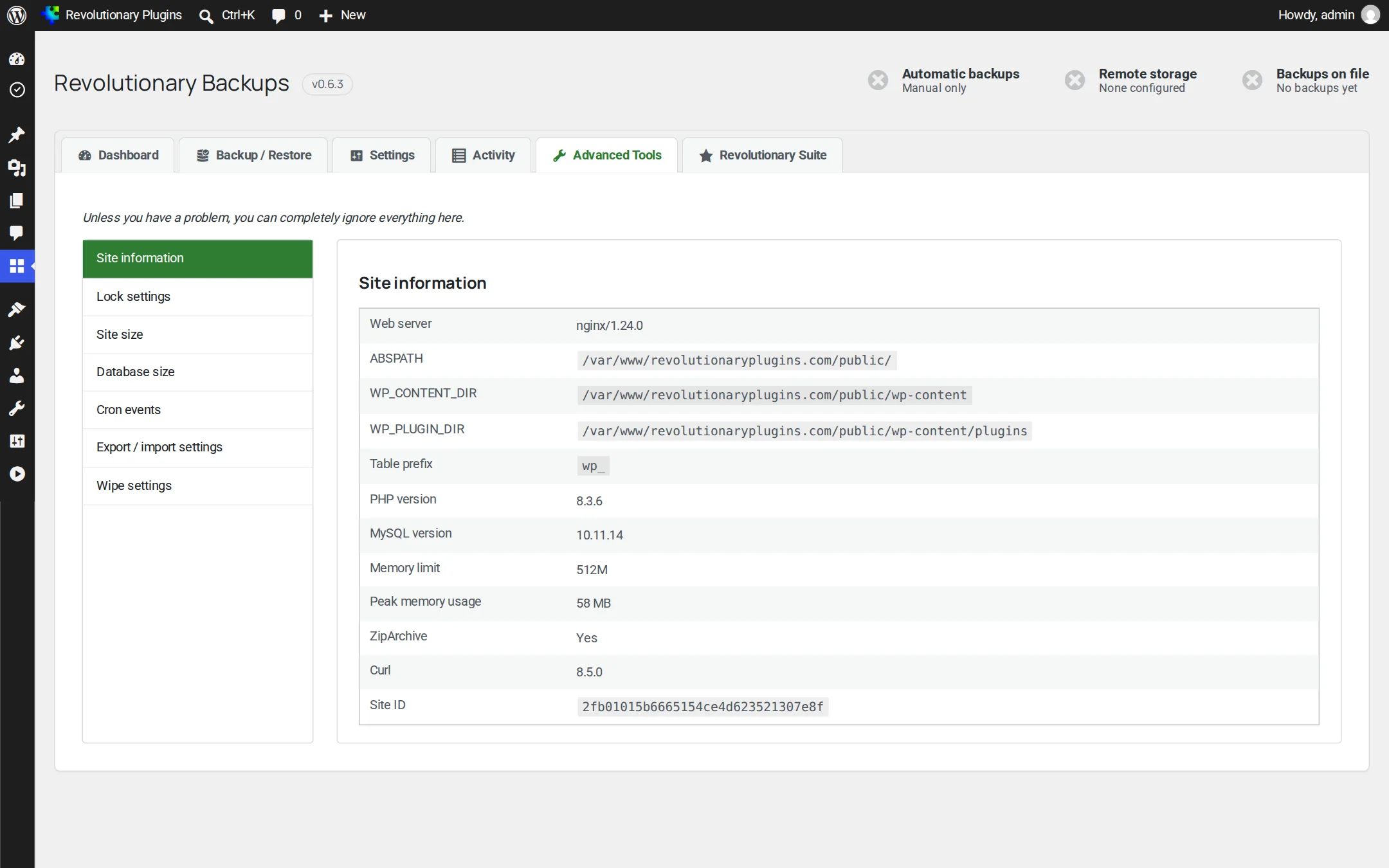 Advanced Tools: site information