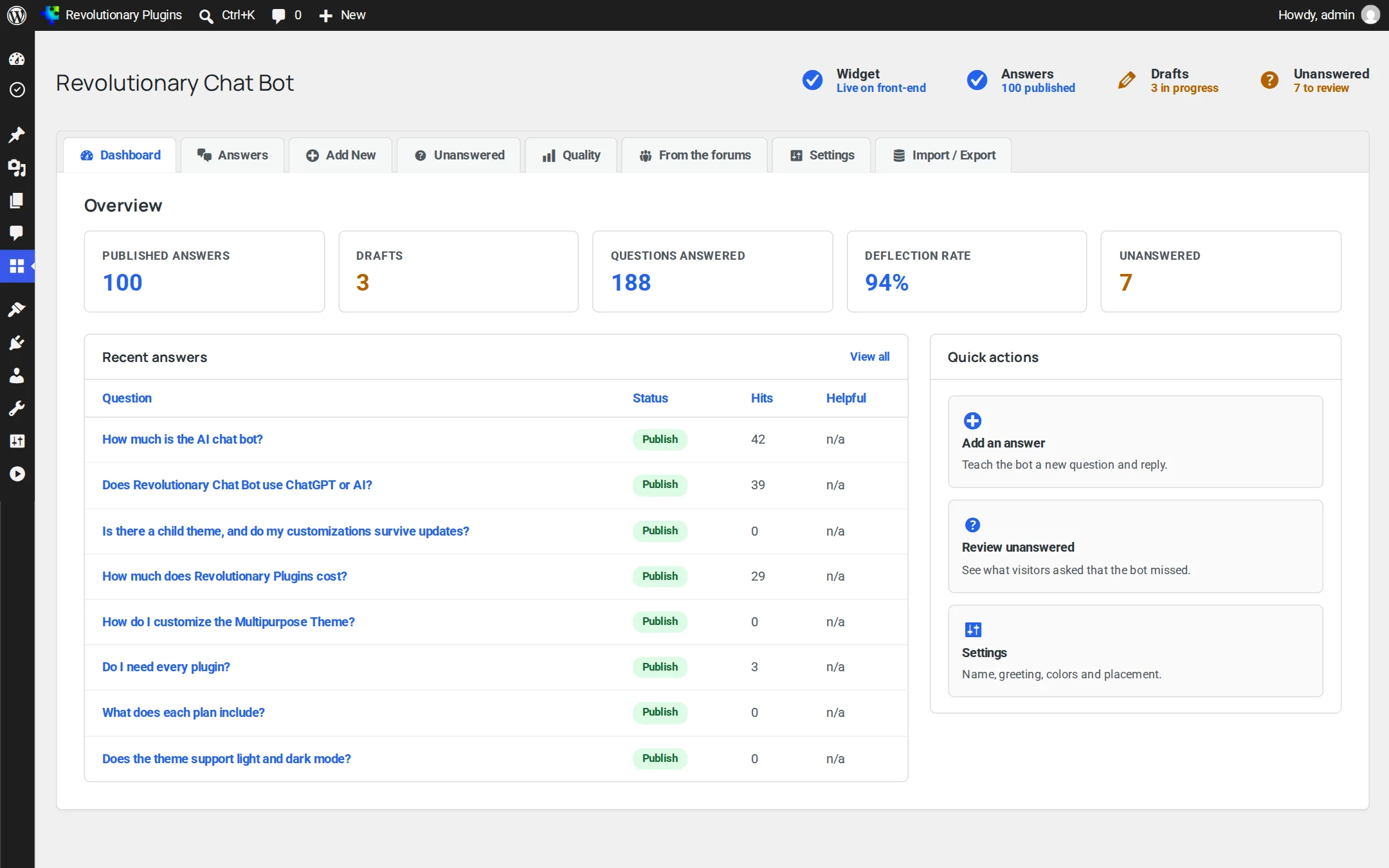 Chat Bot dashboard