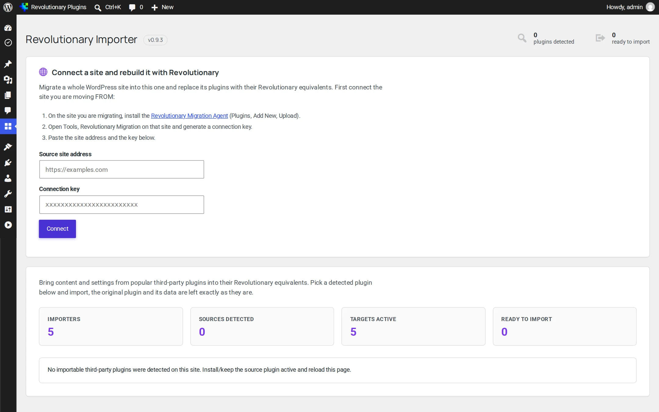 Importer: license bar and Connect a site