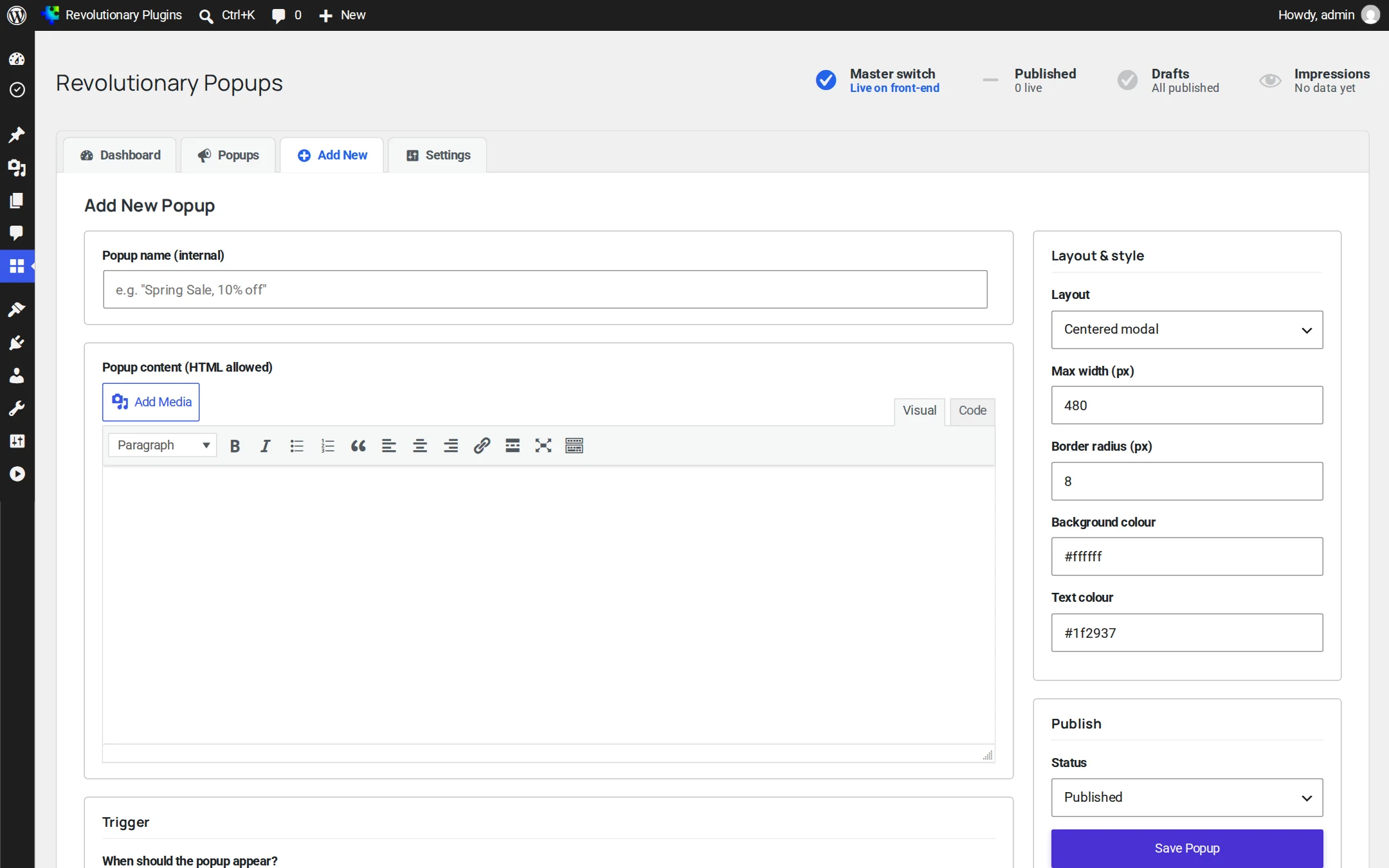 The popup form