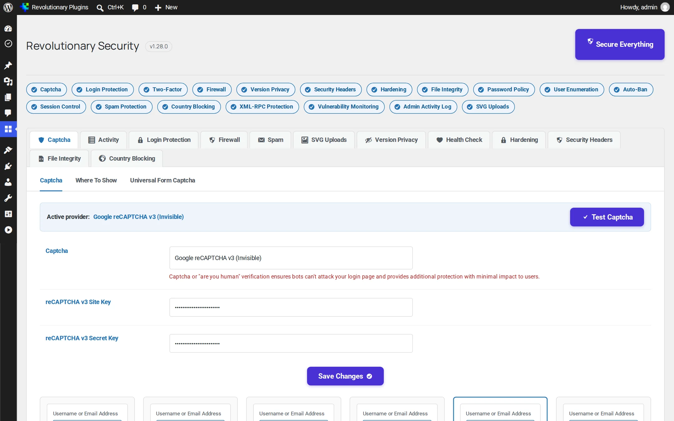 Revolutionary Security settings screen