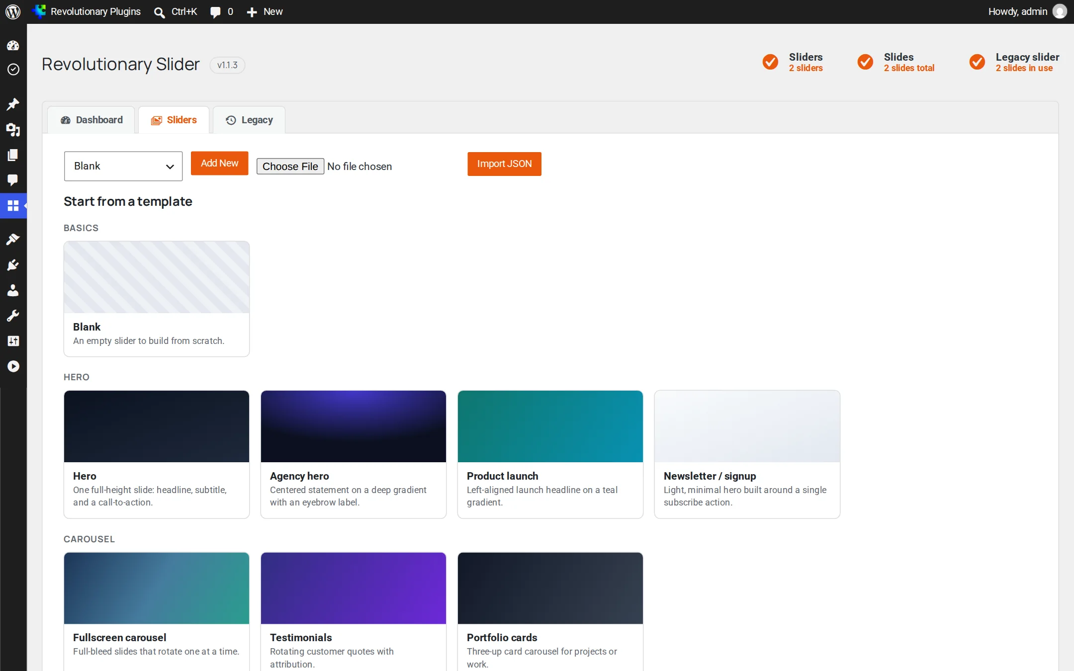 Sliders list and template gallery